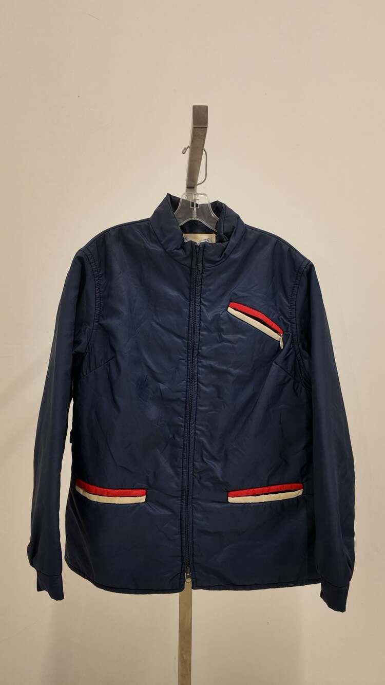 Vintage Sportcaster Ski Fashion Jacket Men’s Large Navy Blue Red Cream Stripe